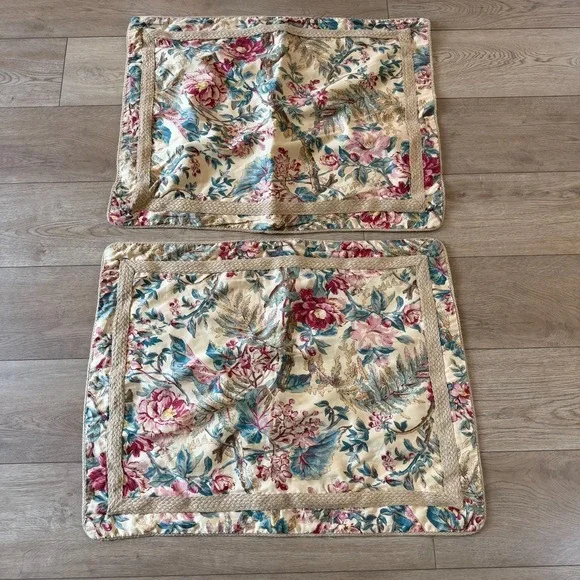 Vtg Ralph Lauren Home King Floral Cotton Pillow Sham Pair Jute Tangier Old Money