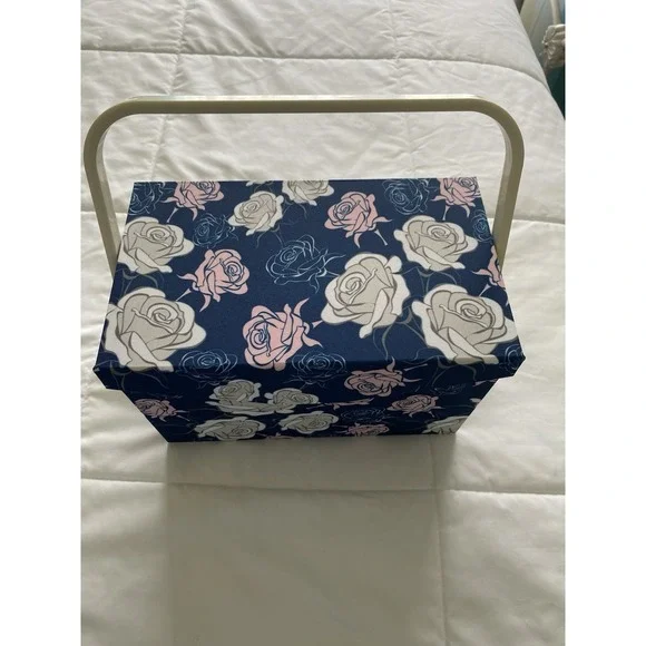Floral Fabric Sewing Basket Organizer Box - Pink & Blue Roses Craft Storage Case
