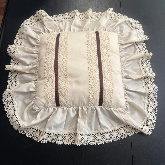 Vintage French Country Victorian Ruffled Lace Pillow with Brown Trim
