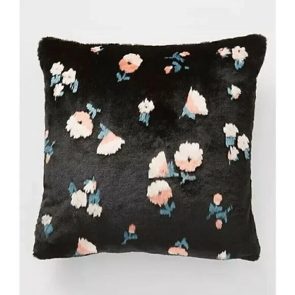 Anthropologie Flora Faux Fur Pillow Black Floral Pattern 20