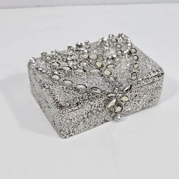 Silver Metal Rhinestone Trinket Box Ring Holder 3.5x2.5×1.5 Wedding Glam Bling