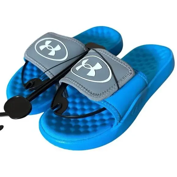 New Boys Under Armour UA B Ignite Pro 8 Blue Gray Slide Sandals Size 4Y
