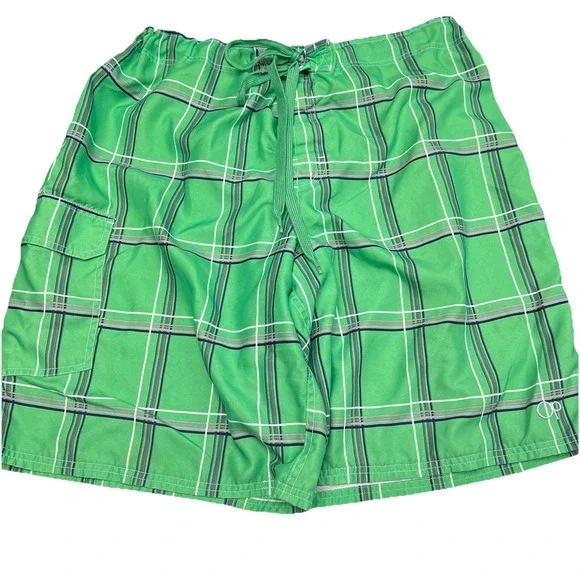 Men's OP Ocean Pacific Green Plaid Swimming Trunks Board Shorts Lined Size XL
