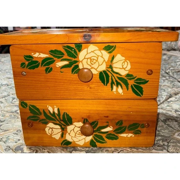 Vintage Hand Painted Wood Jewelry Box Tissue Holder Combo Floral Rose 2 Drawer