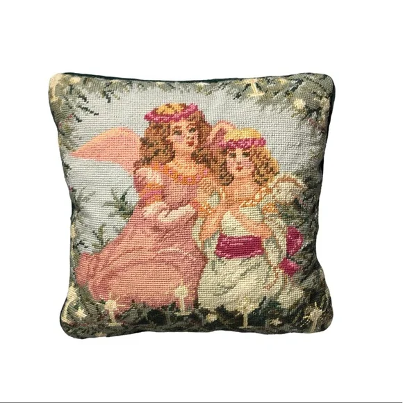 Vintage Needlepoint Angel Sisters 14x14 throw pillow