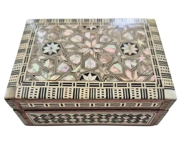 Vintage Wood & Mother of Pearl Inlaid Mosaic Box Trinket Jewelry Catchall Small