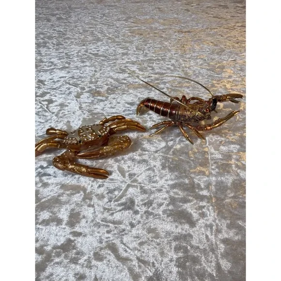 Jeweled Crab & Lobster Trinket Box Set Hinged Magnetic Rhinestone Coastal Decor