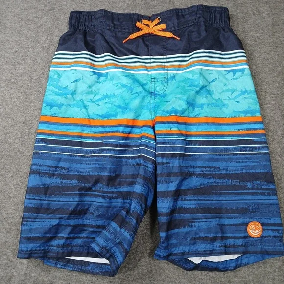 ZeroXposur Men's Blue Orange‎ Sharks Lined Drawstring Beach Swim Shorts XL 18/20