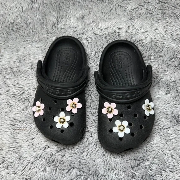 Crocs Classic Clogs Black Toddler Sz 5 Floral Flower Jibbitz Charms Slip On Shoe