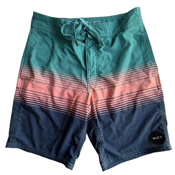 RVCA Mens Board Shorts Size 29 Teal Pink Navy Blue Striped Swim Trunks 9 Inseam