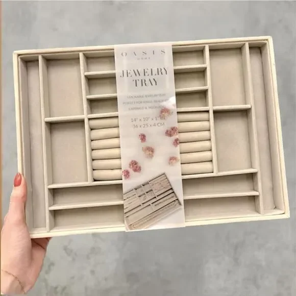 NWT Gorgeous Tan velvet Big 14”x10”x1” Jewelry Stackable Tray Case Box Organizer