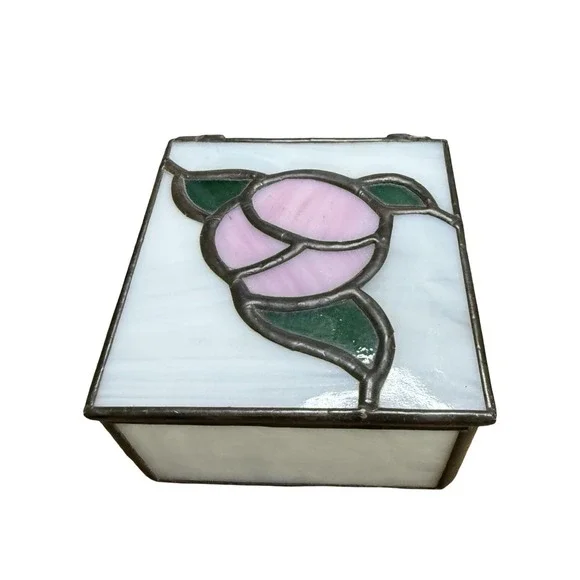 Vintage Stained Glass Rose Jewelry Trinket Box square 3