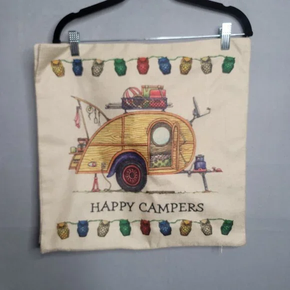 2 Happy Campers Pillow Covers Indoor Outdoor Owls Trailers Zip 17.5 x 17.5