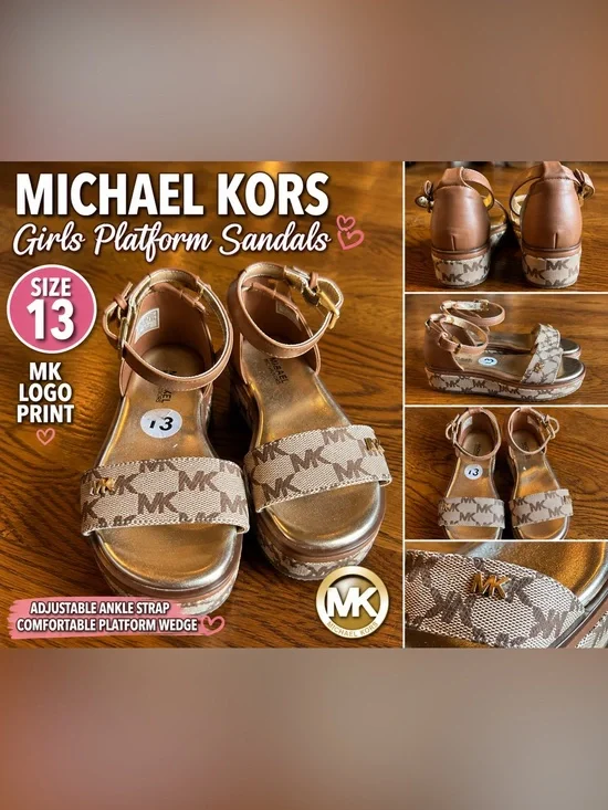 Michael Kors Girls Platform Sandals Size 13 Brown MK Logo Wedge Sandals