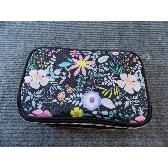 Floral Jewelry‎ Travel Organizer Case Double Layer Storage Bag Black Botanical