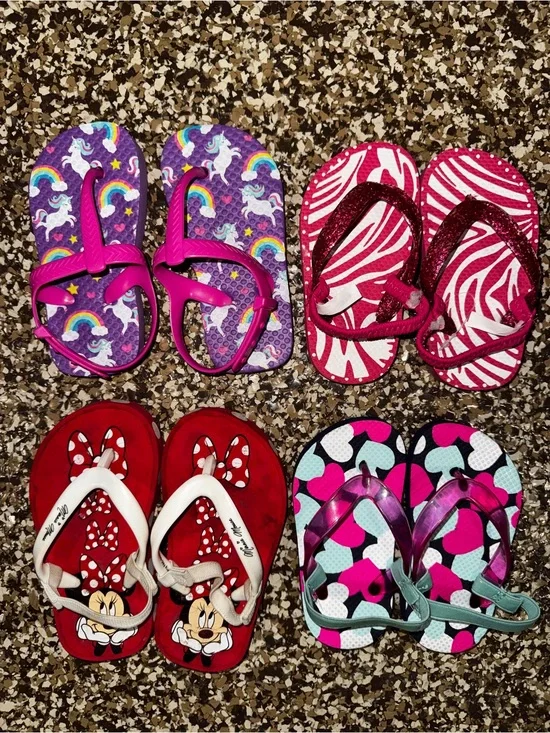 Toddler Girls Flip Flop Sandal Lot Size 6/7 & 7/8 Minnie Unicorn Hearts Zebra