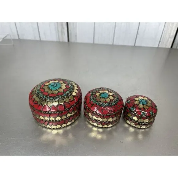 Round Trinket Box Multicolor Stones Indian Nesting Boxes Red Gold Set Of 3