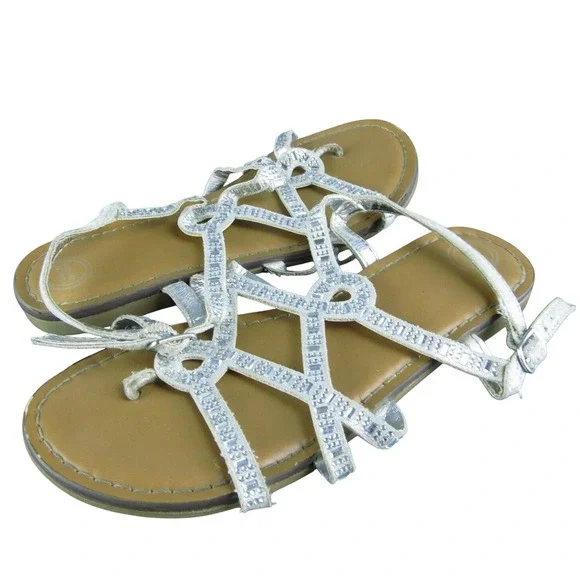 Wonder‎ Nation Youth Girls Strappy Shoes Size 1 Medium Silver Synthetic Buckle