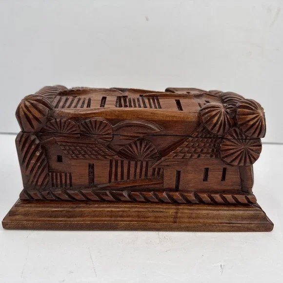 Vintage Hand Carved Folk Art Wooden Jewelry Trinket Box Red Velvet Lined