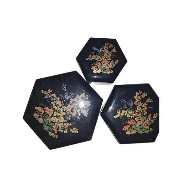 Vintage 80s Made In Hong Kong Nesting Jewelry Black‎ Floral Boxes Trinket Boxes