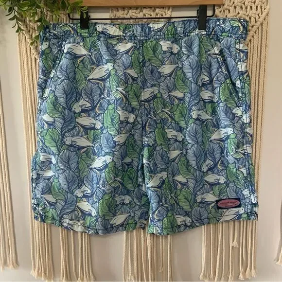 VINEYARD VINES Men’s 7” Fish Print Chappy Swim Trunks Blue Green Size‎ Small
