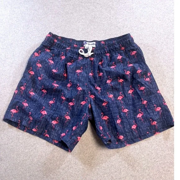 Trunk Surf & Swim Co Swim Trunks Mens Medium Navy Blue Pink Flamingo Print Short