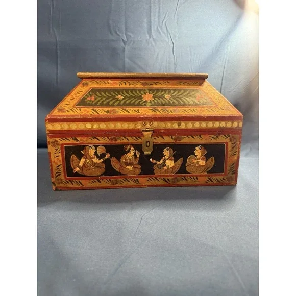 Vintage Anglo Raj Hand Painted Wooden Jewelry Box Indian Rajasthani Folk Art