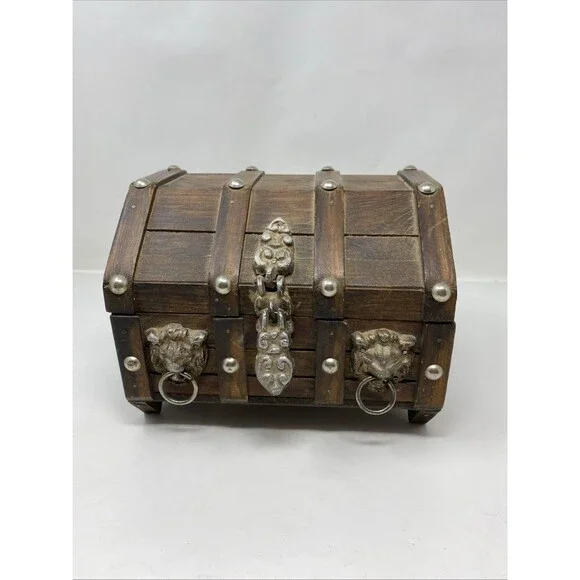 Vintage Wood Pirate Treasure Chest Jewelry Trinket Box Gothic Lion Heads