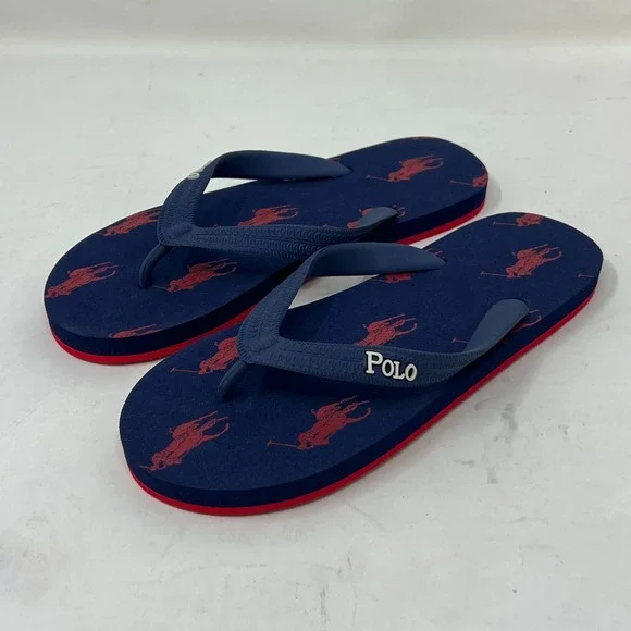 Polo Ralph Lauren Unisex Junior Flip Flop Navy/ Red Pony Logo US Size 4 VTG NEW‎