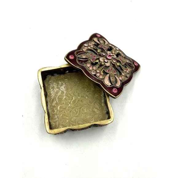 Vintage Style Filigree Trinket Box Burgundy‎ Enamel Pink Rhinestone Jewelry Case