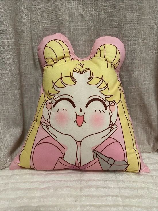 Pink & Yellow Anime Character Plush Throw Pillow - Cute Face Accent Pillow