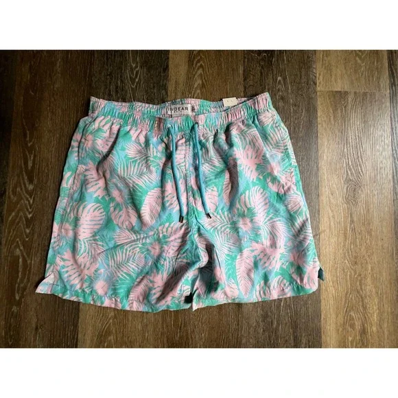 Ingear‎ Swim Trunks Mens Medium M Pink Teal New Tropical Palm Leaf Mesh Lined