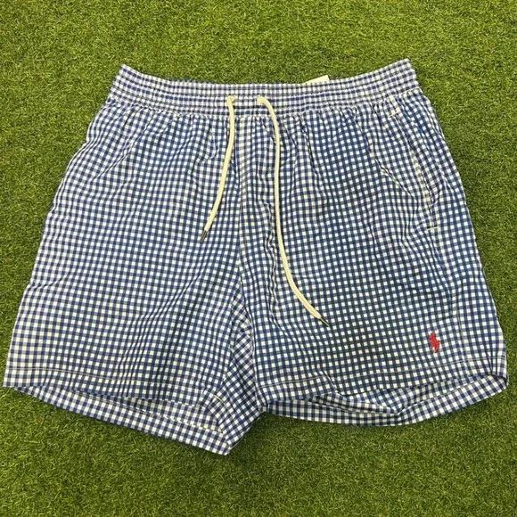 Polo Ralph Lauren Mens Blue Gingham Swim Trunks Shorts Large Pony Logo