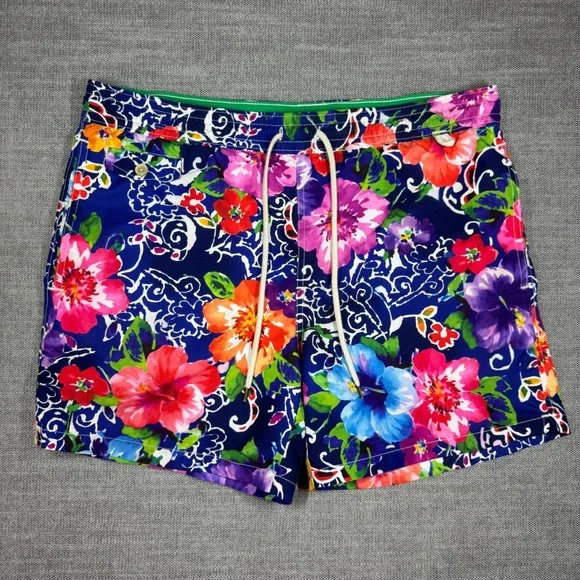 Polo Ralph Lauren Mens Floral Swim Trunks Blue Tropical Hibiscus Shorts Size M