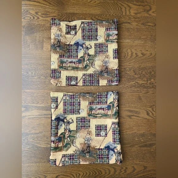 Vintage Pillow Cases Lot Of 2 Golf Themed Tapestry Front