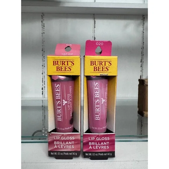 Burts Bees Lip Gloss Set 015 Lily Dip 020 Punch of Pink 0.5oz 2 Pack New
