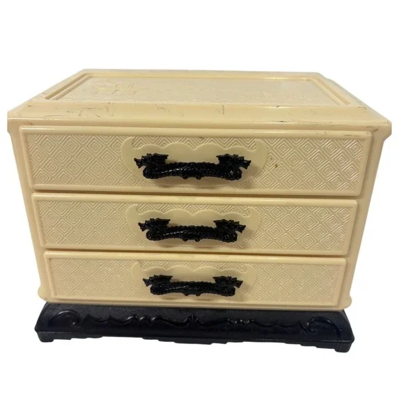 Vintage Chinoiserie Plastic Jewelry Box 3 Drawer Mini Chest Pagoda Cream Black