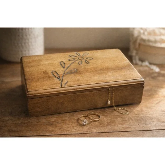 Vintage Rustic‎ Wooden Jewelry Box Hand Carved Floral Farmhouse Trinket 12