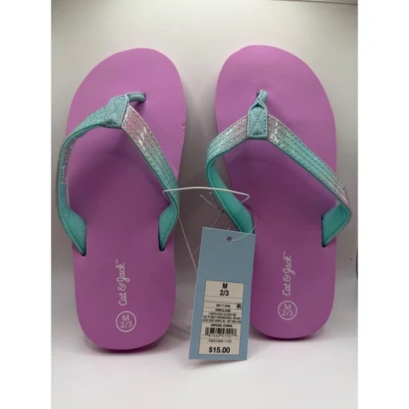 Cat & Jack Kids Purple Teal Glitter Flip Flop Sandals Size M 2/3 Jami Sparkle