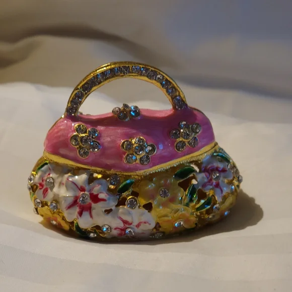 Bejeweled Trinket Hinged Flower Purse  Metal - New