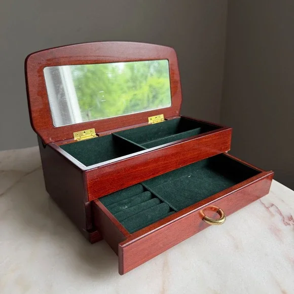 Vintage Cherry Wood Jewelry Box Mirror Green Velvet Lining Drawer Gold Hardware