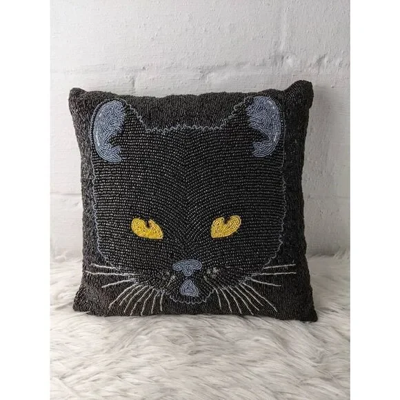 Pier1 Black‎ Cat Yellow eyes Beaded Pillow Gosh Halloween Spooky Decor 12X12