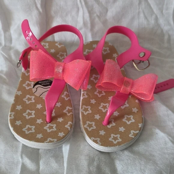 (J36) Wonder Nation Pink and Tan Sandals T-Strap Bow Design