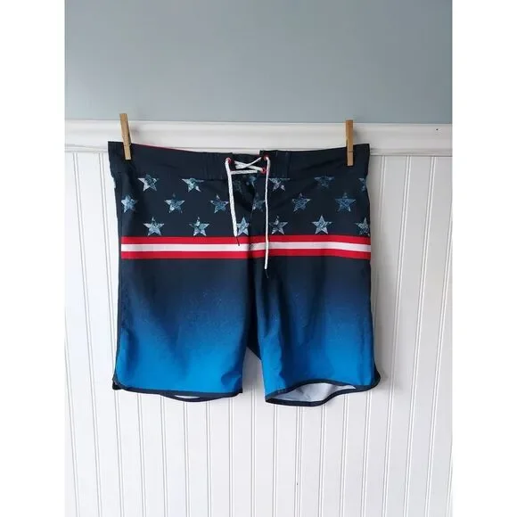 Burnside Men's 36 Flag Board Shorts Swim Trunks Bathingsuit Drawstring USA Blue‎