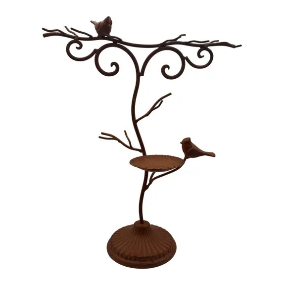 Bird Branch Metal Jewelry Holder Tree With Tray Iron Brown Finish Decorative Acc
