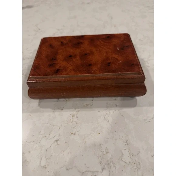 Vintage Powell Burl Wood Jewelry Box Red Felt Lined Valet Trinket Organizer