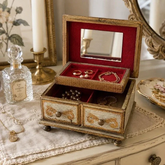 Vintage Italian Florentine Jewelry Box Gold Gilt Wood Red Velvet Mirror Trinket