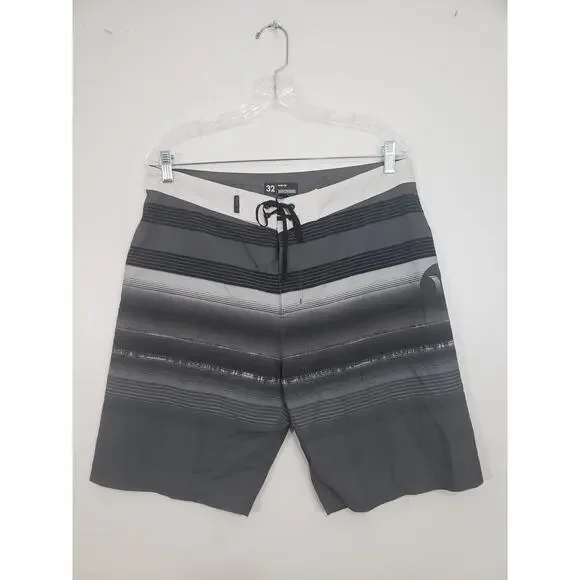 Hurley Phantom Mens Board Shorts Size 32 Black Gray Striped Swim Beach Resort