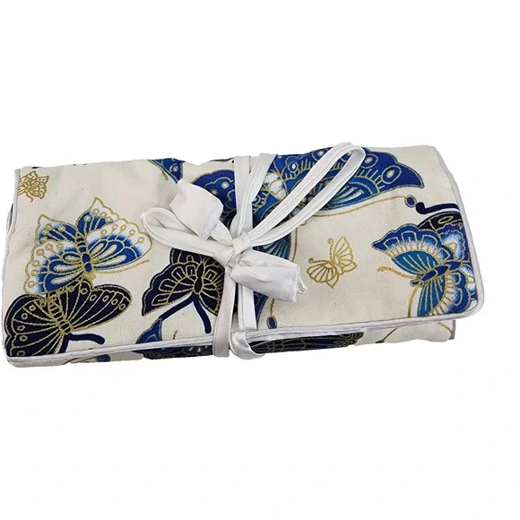 Travel Jewelry Organizer Roll Blue Butterfly Fold Up Case 3 Zip Compartments