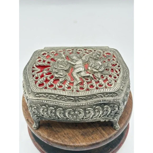 Vintage Filagree Footed Jewelry Box Casket Ornate Angel Red Velvet Lining Japan